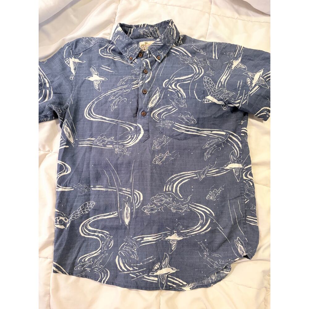 Patagonia Hemp Shirt Small Blue Ocean Fish Turtle Shark Print Button Up - Picture 7 of 7